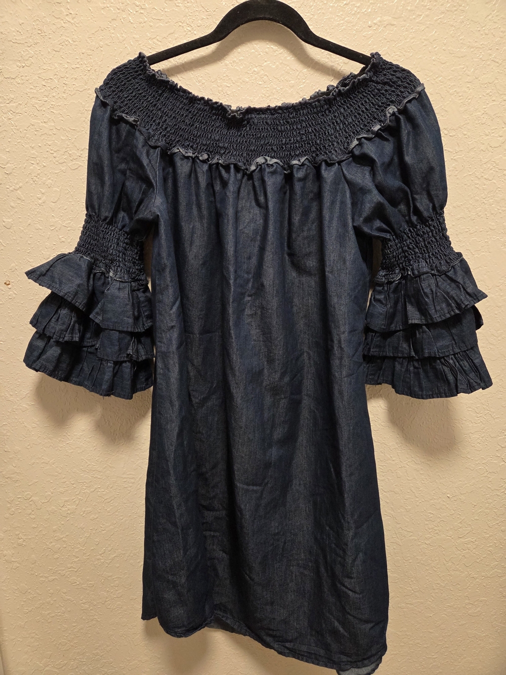 Eighty Eight Off-Shoulder Navy Blue Denim Dress with Ruffled Bell Sleeves - Picture 2 of 2
